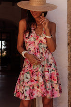 Load image into Gallery viewer, Online Pink Floral Sleeveless Halter Neck Shirred Back Ruffled Mini Dress
