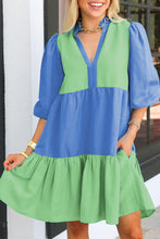 Load image into Gallery viewer, Online Dark Blue Colorblock Frilled V Neck Puff Half Sleeve Shift Dress
