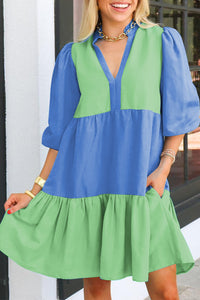 Online Dark Blue Colorblock Frilled V Neck Puff Half Sleeve Shift Dress