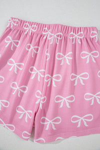 Online Pink Waffle Knit Bowknot Printed V Neck T Shirt and Shorts Set