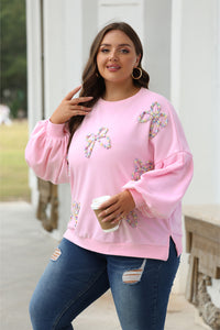 Online Light Pink Embroidered Bow Lantern Sleeve Oversized Pullover Sweatshirt