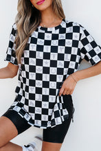 Load image into Gallery viewer, Online Black Western Fashion Checkerboard Print Side Split T Shirt
