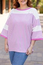 Load image into Gallery viewer, Online White Stripe Patchwork Bracelet Sleeve Plus Size T Shirt
