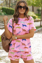 Load image into Gallery viewer, Online Pink Flower Print Short Sleeve High Waist Two Piece Shorts Set
