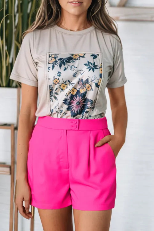 Pink Front Buttons Pleated Tailored Shorts