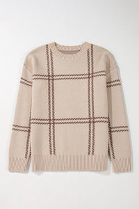 Online Pink Plaid Pattern Knitted Drop Shoulder Sweater