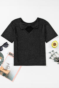 Online Black Bow Decor Glittery Short Sleeve Top