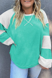 Online Aruba Blue Colorblock Patchwork Cross Seam Plus Sweatshirt