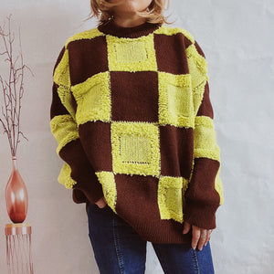 Online Checkered Round Neck Long Sleeve Sweater