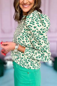 Online Blackish Green Leopard Print Mock Neck Puff Sleeve Top