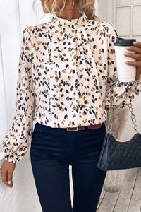 Online Black Leopard Print Lantern Sleeve Mock Neck Pleated Blouse