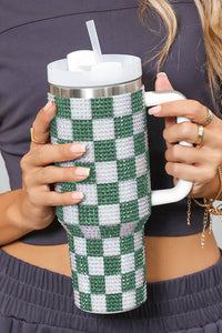 Online Blackish Green Full Rhinestone Checkerboard Handled Tumbler 40oz