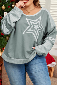 Online Mist Green Stars Patchwork Round Neck Plus Size T Shirt
