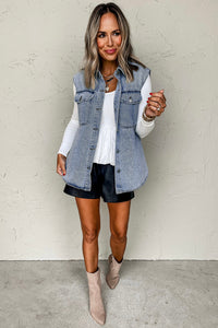 Online Beau Blue Denim Flap Pocket Curved Hem Shirt Vest