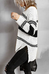 Striped Colorblock V Neck Long Sleeve Knitted Sweater