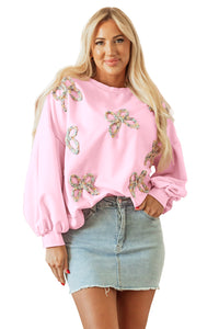 Online Light Pink Embroidered Bow Lantern Sleeve Oversized Pullover Sweatshirt