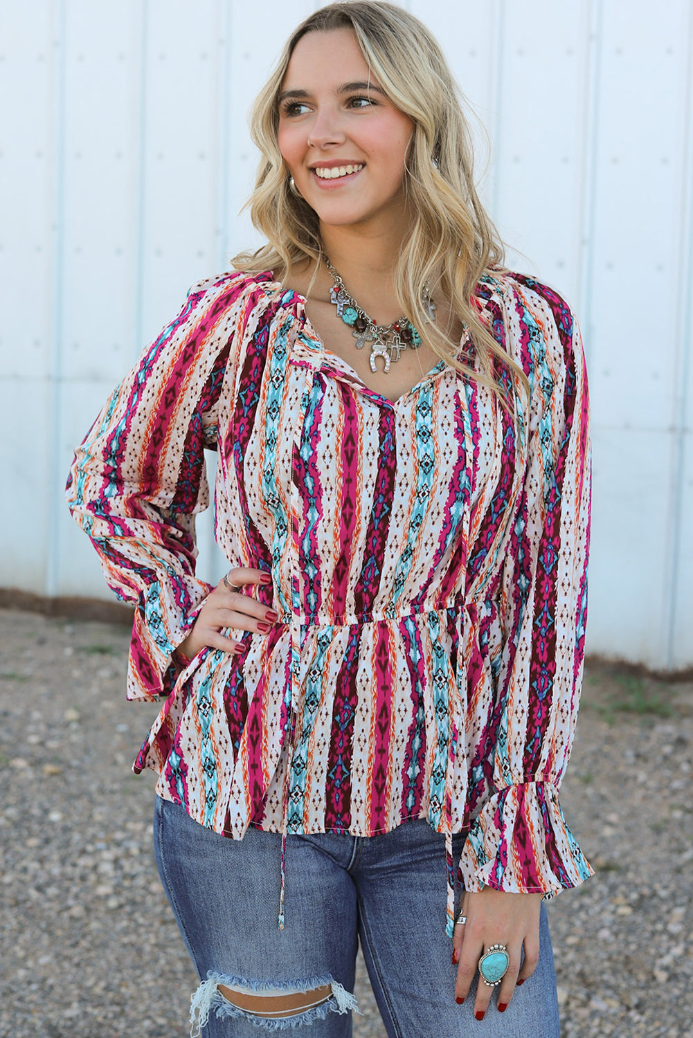 Online Multicolour Western Aztec Split Neck Peplum Blouse
