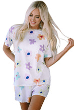 Load image into Gallery viewer, Online Pink Flower Print Short Sleeve High Waist Two Piece Shorts Set
