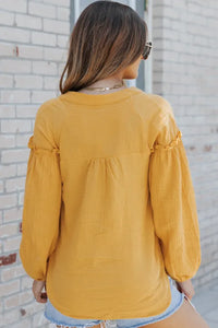 Yellow Casual Balloon Sleeve Crinkled Top