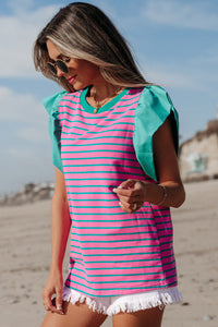 Online Pink Stripe Colorblock Ruffled Sleeve Crew Neck Blouse