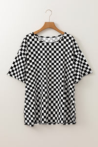 Online Black Checkered Print Side Slits O Neck Plus Size T Shirt