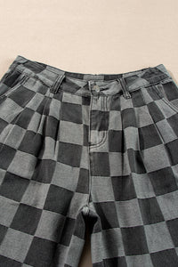 Online Dark Grey Checkered Denim Wide Leg Jeans