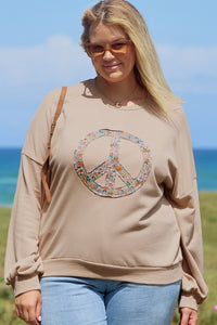 Online Pale Khaki Floral Peace Sign Graphic Washed Terry Plus Size Sweatshirt