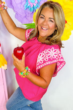 Load image into Gallery viewer, Online Strawberry Pink Floral Embroidered Flutter Sleeve Pleated O Neck Plus Size Blouse
