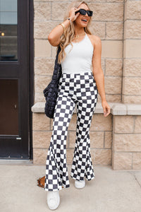 Online Black Checkerboard High Rise Casual Flared Pants