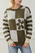 Load image into Gallery viewer, Online Orchid Petal Checkered Floral Print Striped Sleeve Sweater
