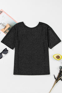 Online Black Bow Decor Glittery Short Sleeve Top