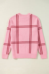 Online Pink Plaid Pattern Knitted Drop Shoulder Sweater