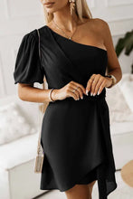Load image into Gallery viewer, Black Asymmetric Bubble Sleeve Twist Knot Wrap Dress
