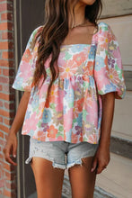 Load image into Gallery viewer, Pink Floral Puff Sleeve Square Neck Babydoll Blouse
