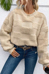 Online Parchment Checkered Sherpa Crew Neck Loose Sweater