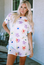 Load image into Gallery viewer, Online Pink Flower Print Short Sleeve High Waist Two Piece Shorts Set
