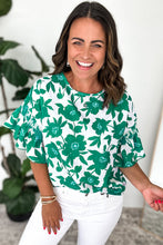 Load image into Gallery viewer, Online Green Floral Printed Ruffled Short Sleeve Round Neck Loose Blouse
