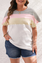 Load image into Gallery viewer, Online White Colorblock Patchwork Batwing Sleeve Ribbed Plus T Shirt
