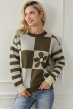 Load image into Gallery viewer, Online Orchid Petal Checkered Floral Print Striped Sleeve Sweater
