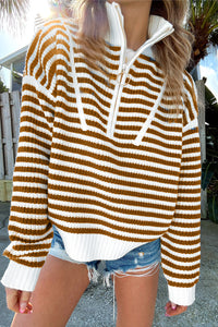 Online Pink Stripe Zip up Collar Drop Shoulder Sweater