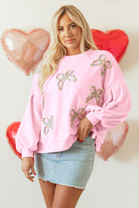 Online Light Pink Embroidered Bow Lantern Sleeve Oversized Pullover Sweatshirt