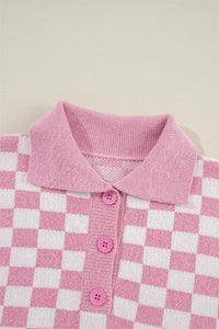 Online Apricot Checkered Buttons Collar V Neck Drop Shoulder Sweater