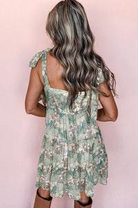Online Gray Floral Knotted Strap Smocked Tiered Ruffle Mini Dress