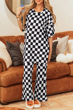 Load image into Gallery viewer, Online Black Checkered Print Half Sleeve Tunic Top and Flared Pants Set
