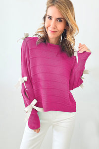 Online Rose Red Bow Knot Cut Out Round Neck Loose Sweater