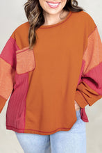 Load image into Gallery viewer, Online Orange Textured Knit Color Block Patchwork Chest Pocket Plus Size Top
