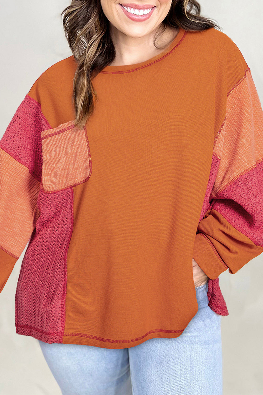 Online Orange Textured Knit Color Block Patchwork Chest Pocket Plus Size Top