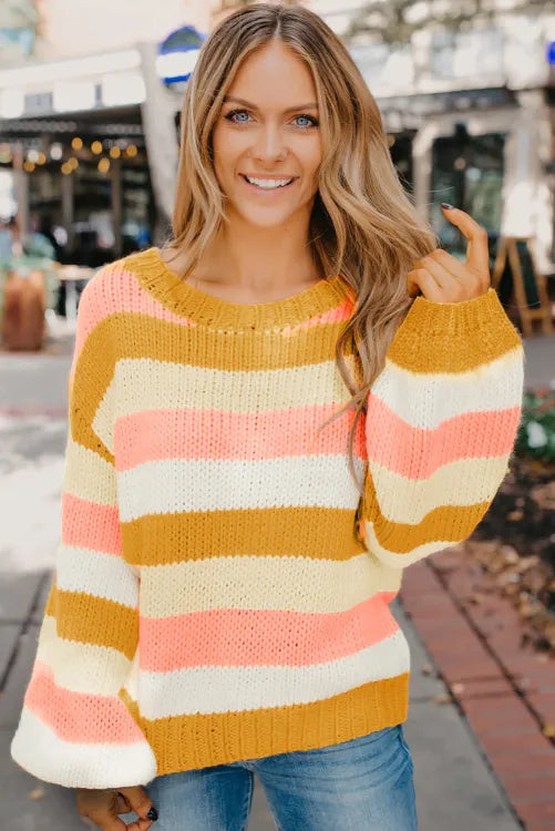 Yellow Striped Puff Sleeve Knitted Pullover Sweater