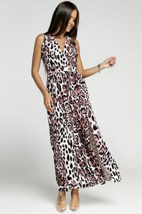 Wrap V Neck Hollow-out Back Leopard Maxi Dress
