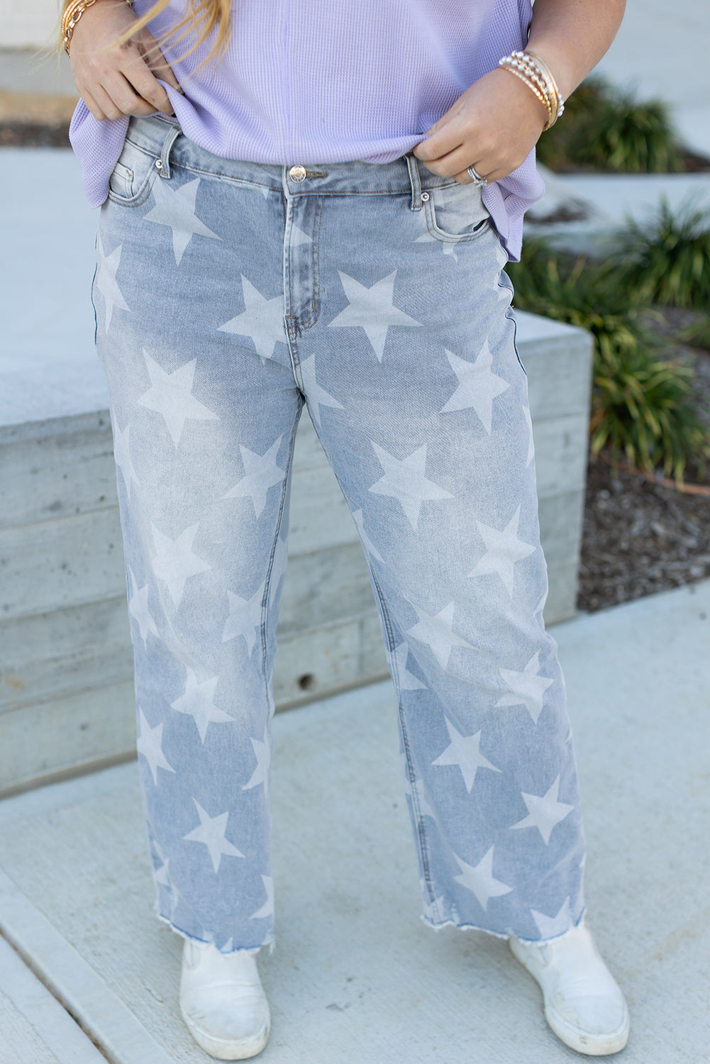 Online Beau Blue High Waist Star Pattern Plus Size Jeans